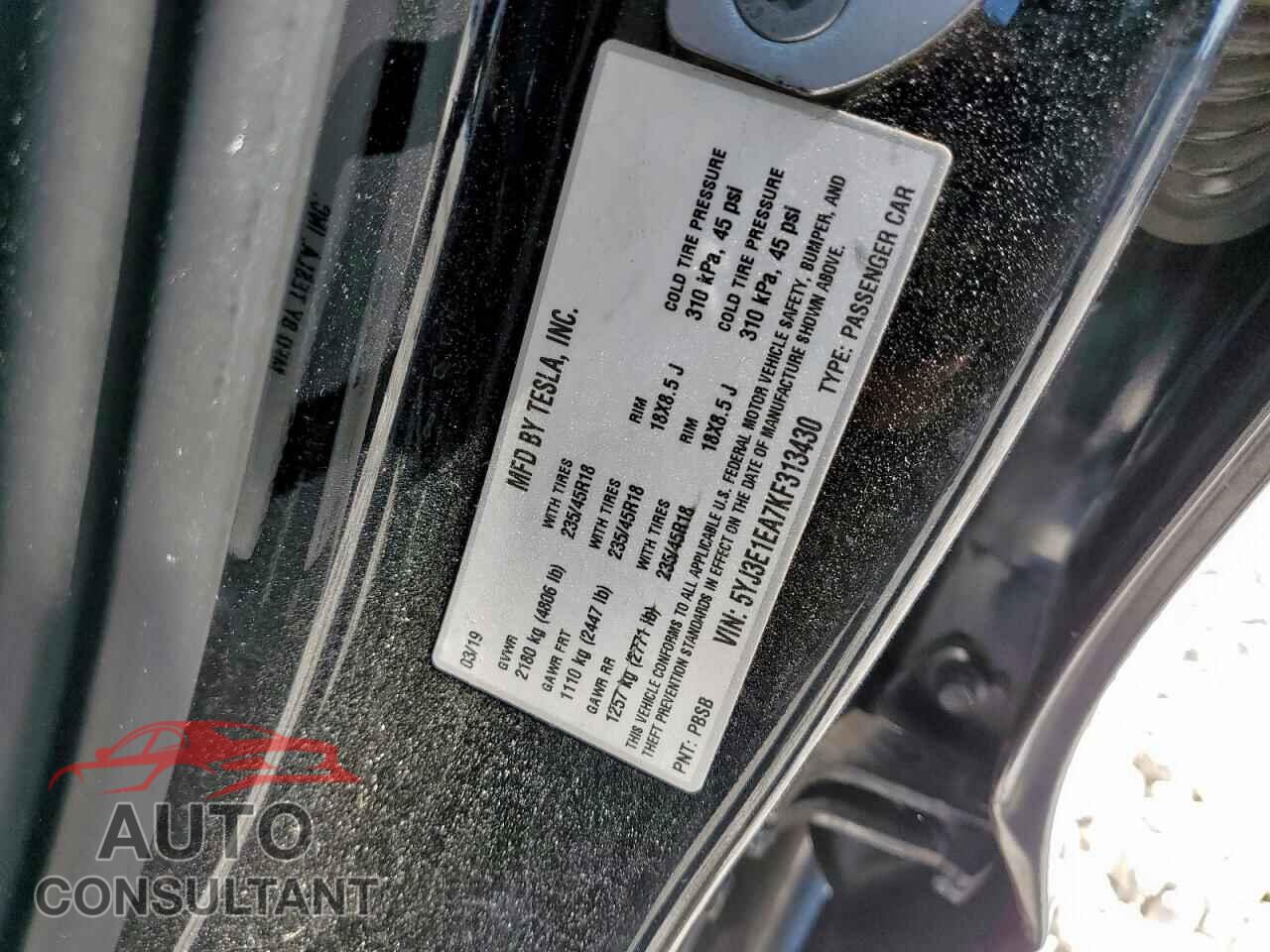 TESLA MODEL 3 2019 - 5YJ3E1EA7KF313430