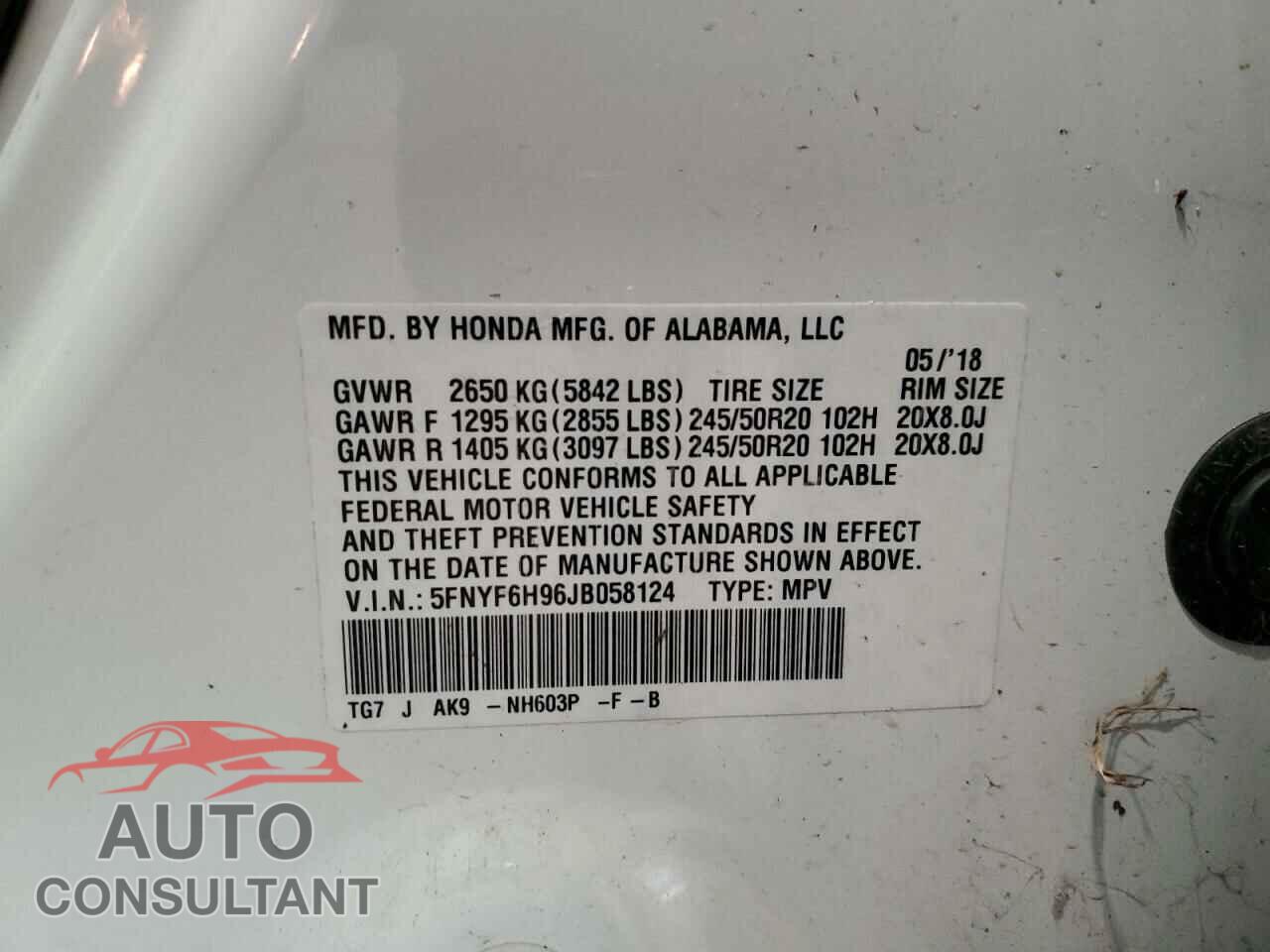 HONDA PILOT 2018 - 5FNYF6H96JB058124