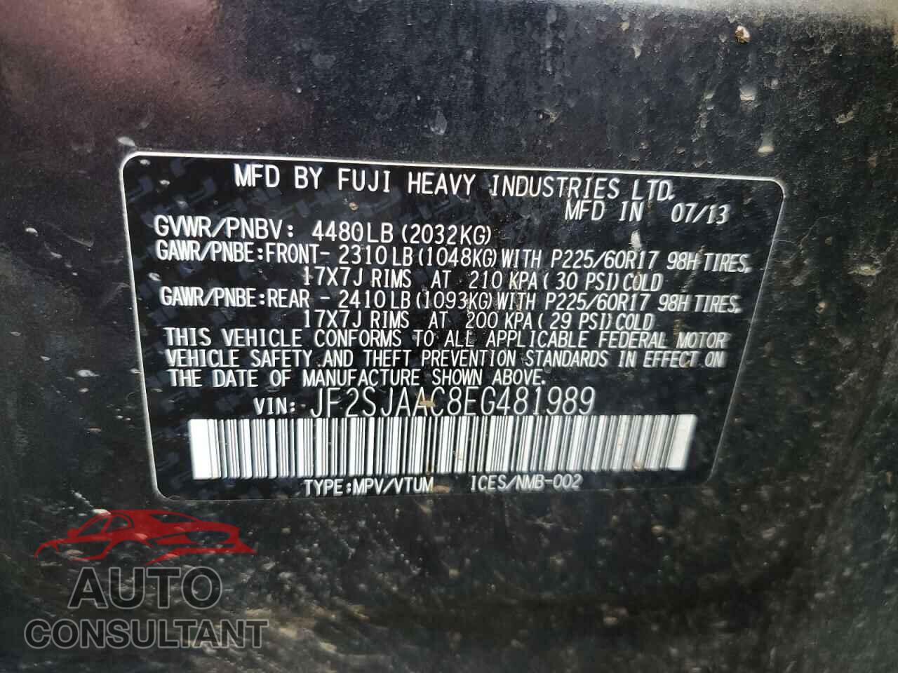 SUBARU FORESTER 2014 - JF2SJAAC8EG481989