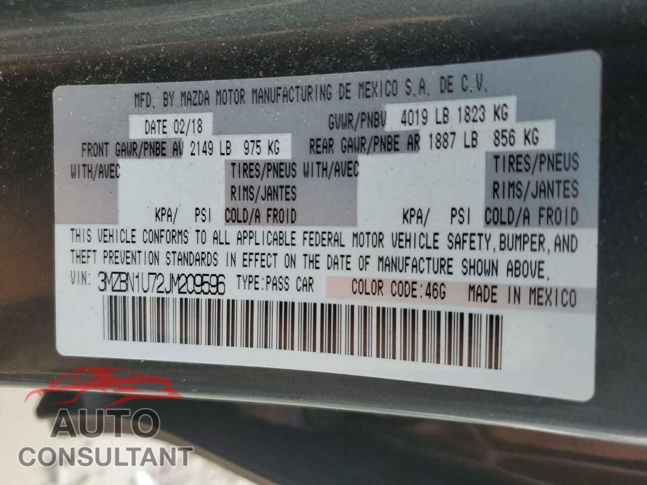 MAZDA 3 2018 - 3MZBN1U72JM209596