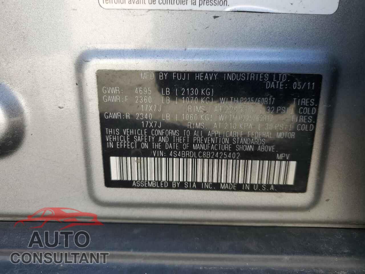 SUBARU OUTBACK 2011 - 4S4BRDLC8B2425402
