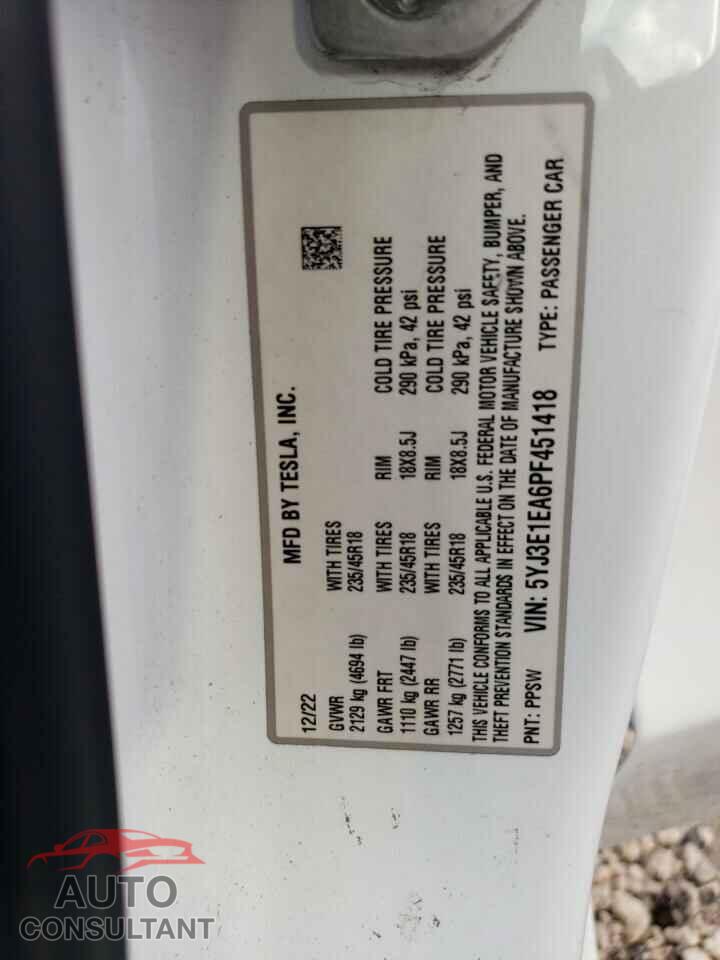 TESLA MODEL 3 2023 - 5YJ3E1EA6PF451418