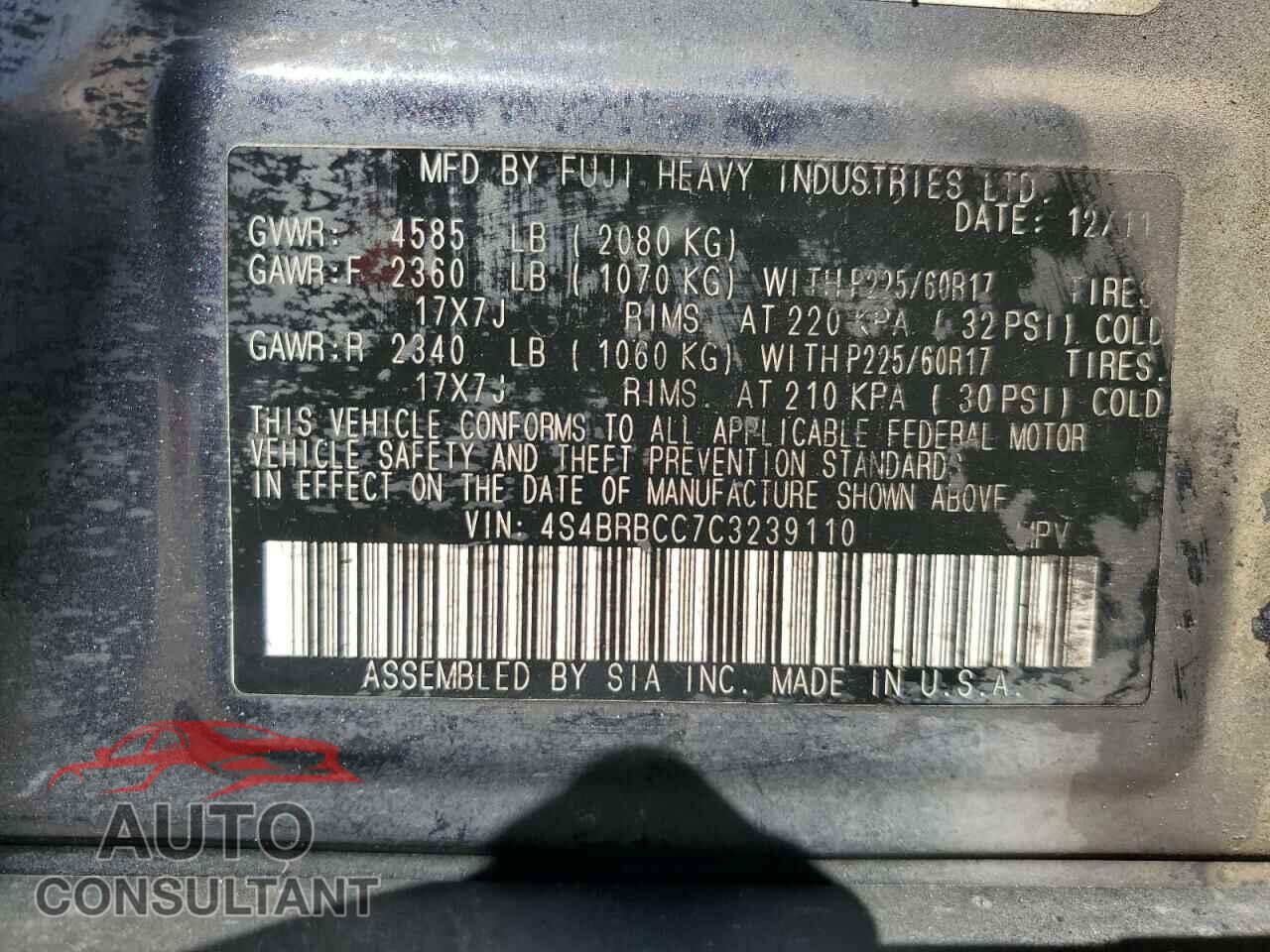SUBARU OUTBACK 2012 - 4S4BRBCC7C3239110