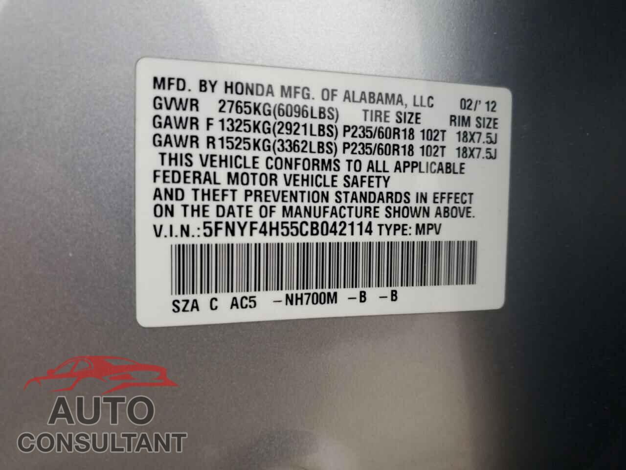 HONDA PILOT 2012 - 5FNYF4H55CB042114