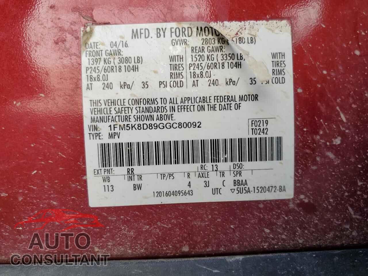 FORD EXPLORER 2016 - 1FM5K8D89GGC80092