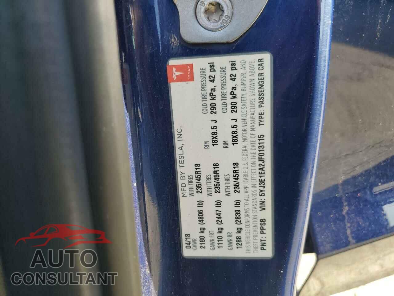 TESLA MODEL 3 2018 - 5YJ3E1EA2JF013115