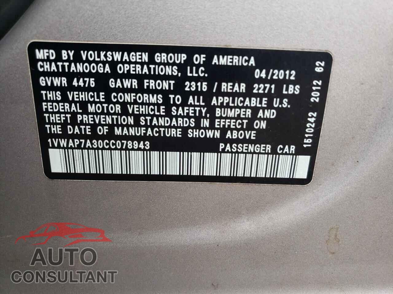 VOLKSWAGEN PASSAT 2012 - 1VWAP7A30CC078943