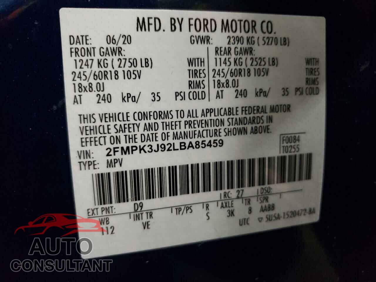 FORD EDGE 2020 - 2FMPK3J92LBA85459