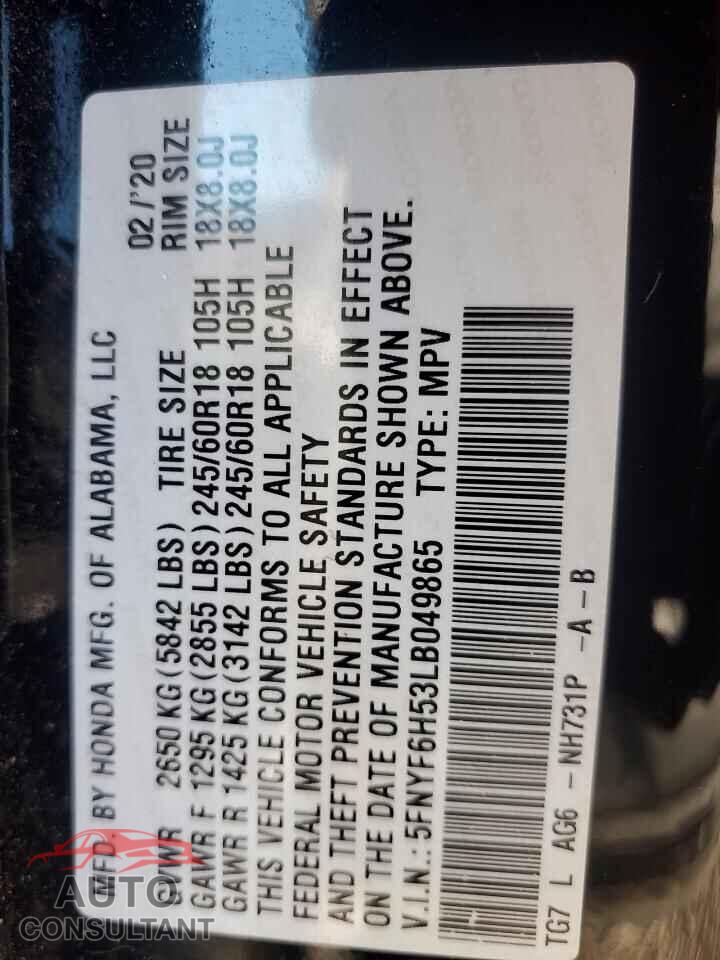 HONDA PILOT 2020 - 5FNYF6H53LB049865