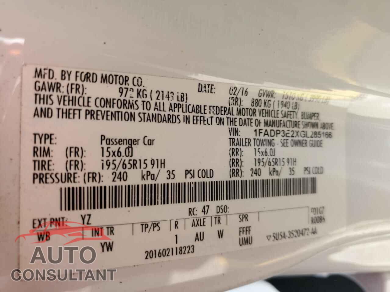 FORD FOCUS 2016 - 1FADP3E2XGL285166