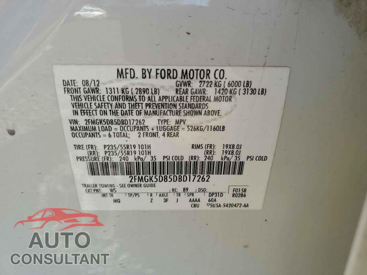 FORD FLEX 2013 - 2FMGK5D85DBD17262