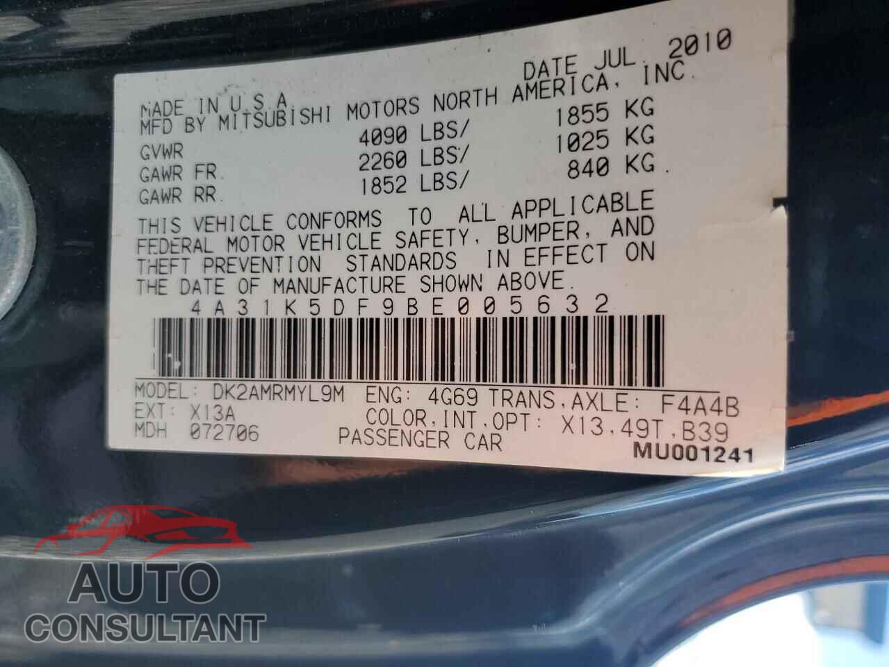 MITSUBISHI ECLIPSE 2011 - 4A31K5DF9BE005632