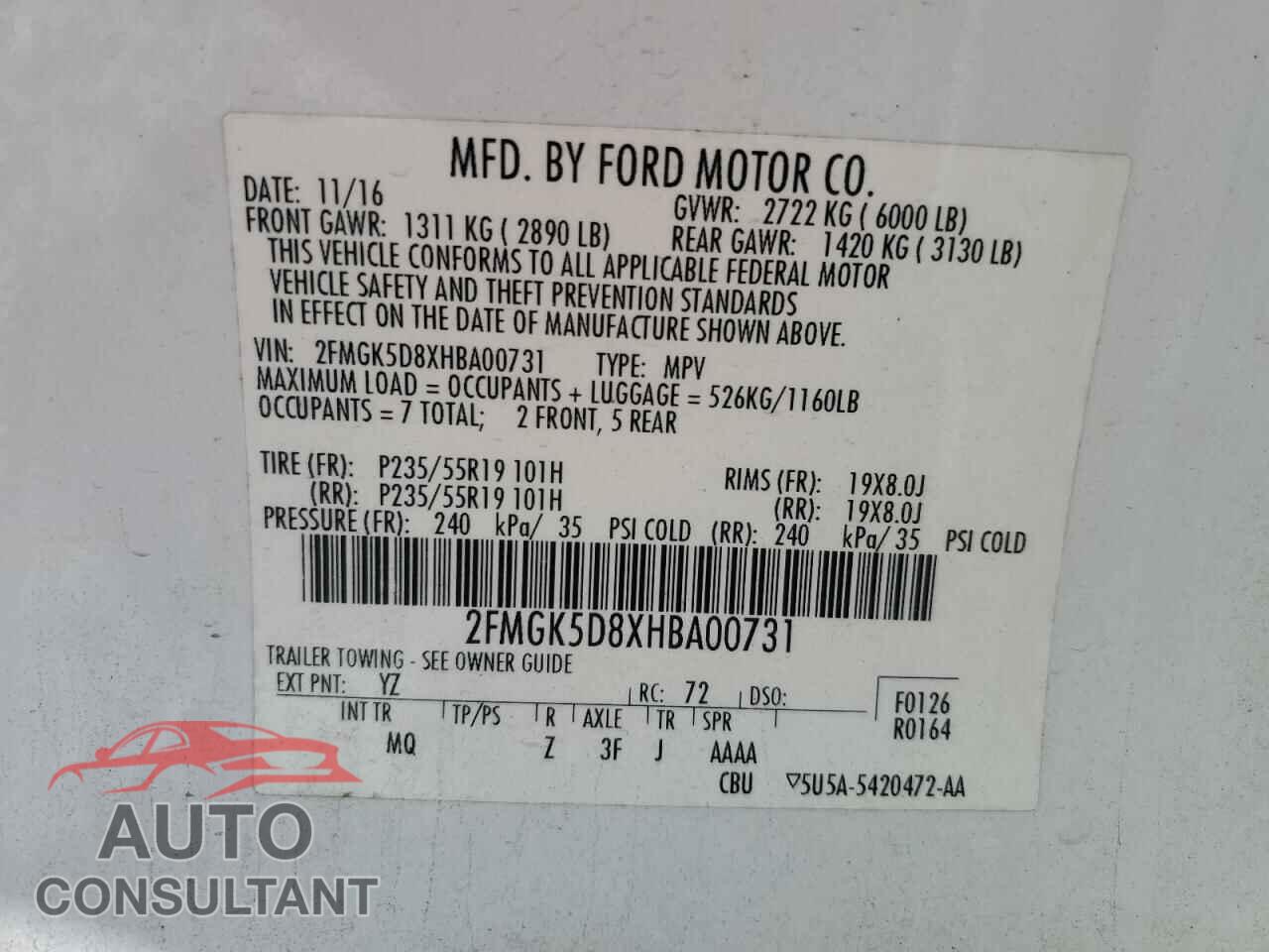 FORD FLEX 2017 - 2FMGK5D8XHBA00731