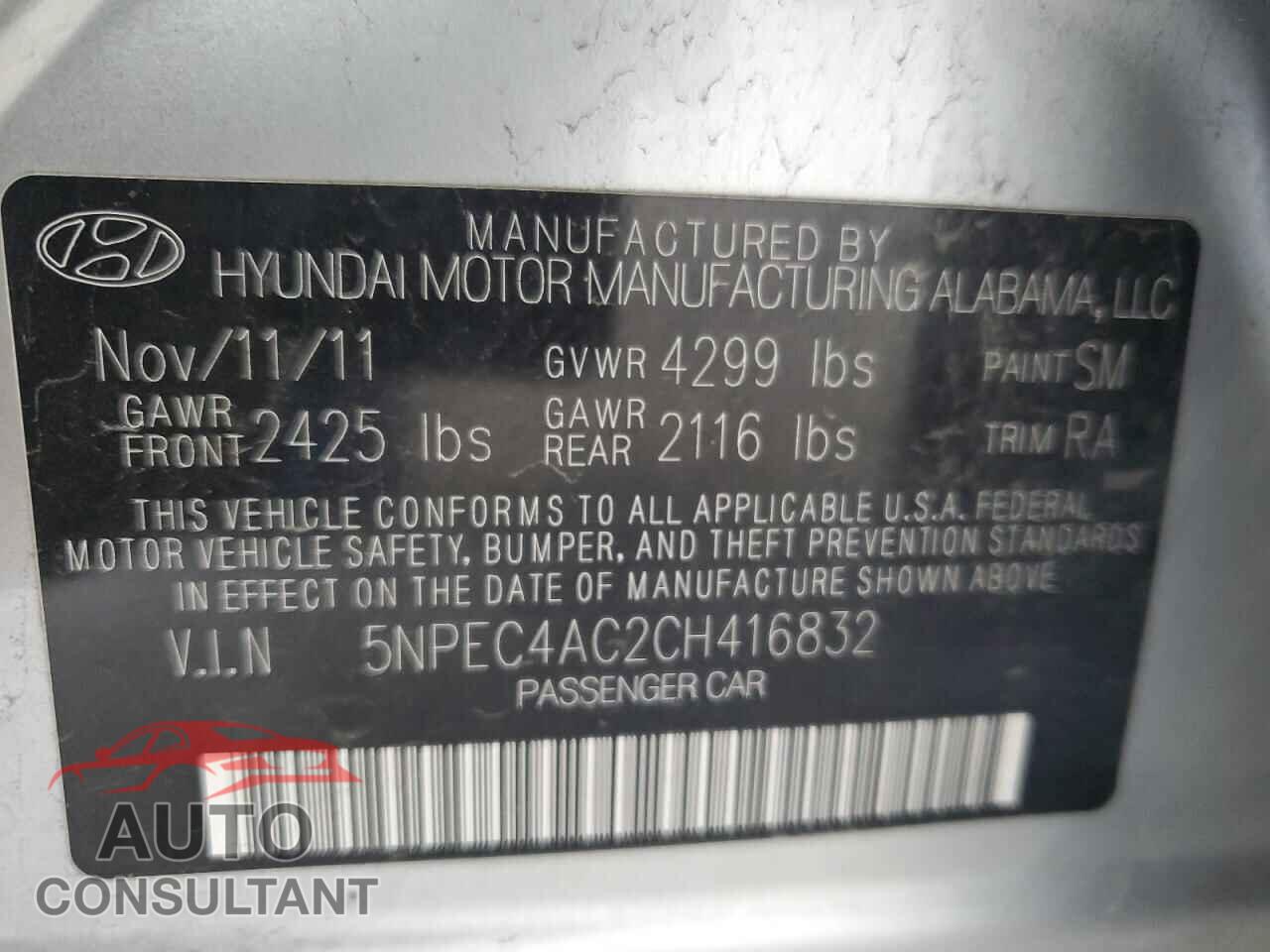 HYUNDAI SONATA 2012 - 5NPEC4AC2CH416832