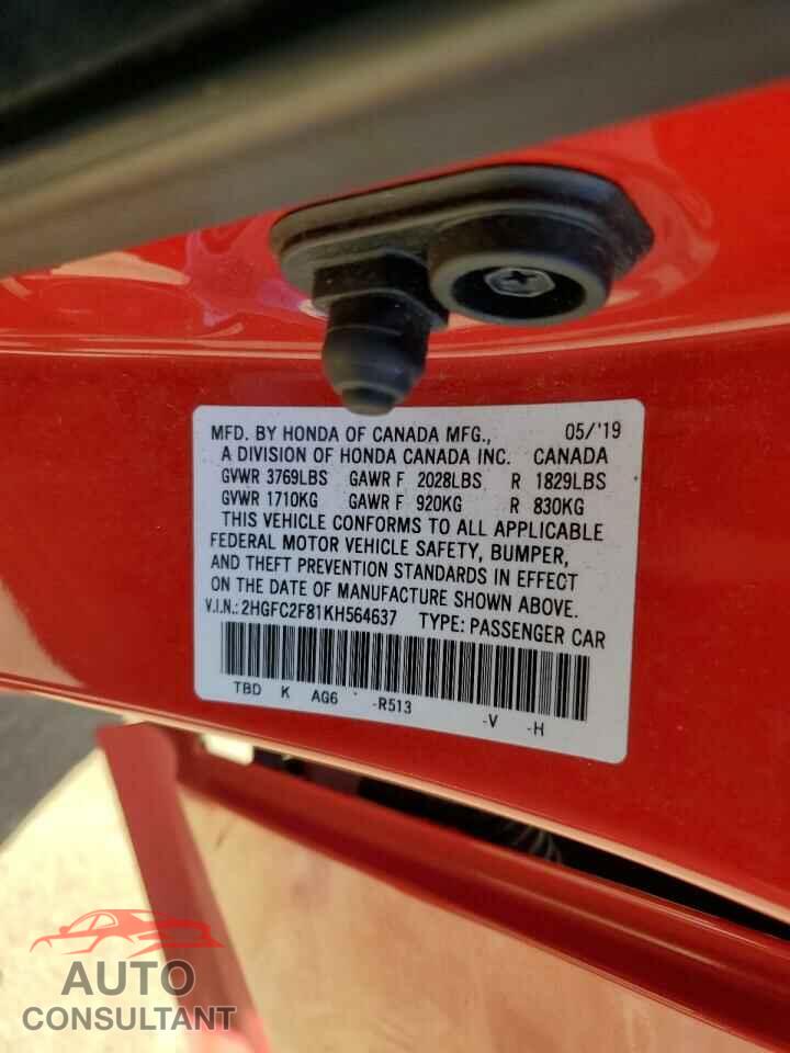 HONDA CIVIC 2019 - 2HGFC2F81KH564637
