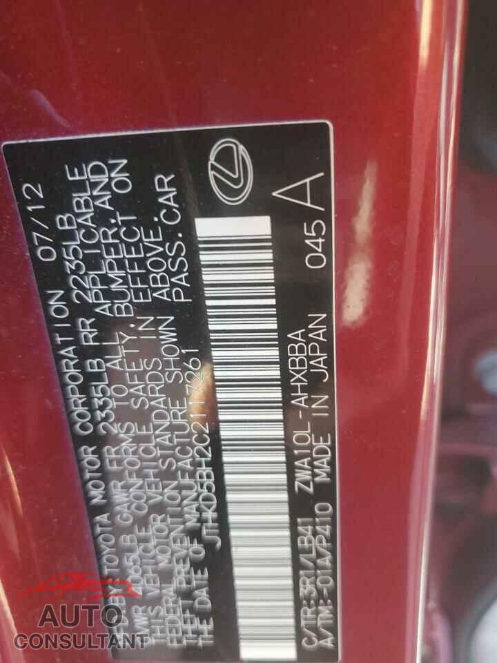 LEXUS CT 200 2012 - JTHKD5BH2C2117261