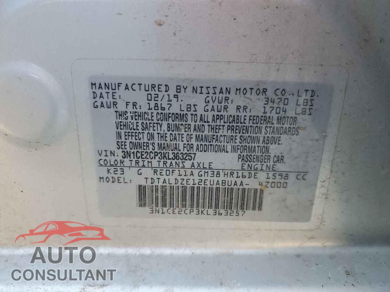 NISSAN VERSA 2019 - 3N1CE2CP3KL363257