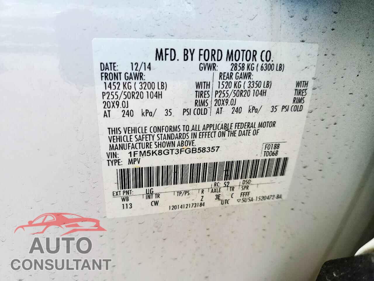 FORD EXPLORER 2015 - 1FM5K8GT3FGB58357