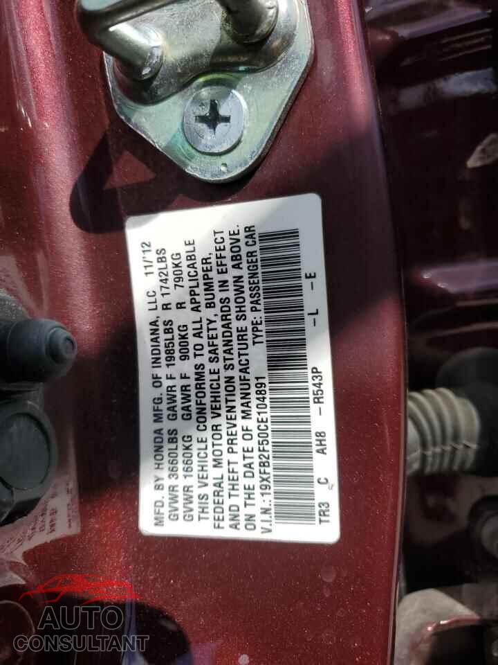 HONDA CIVIC 2012 - 19XFB2F50CE104891