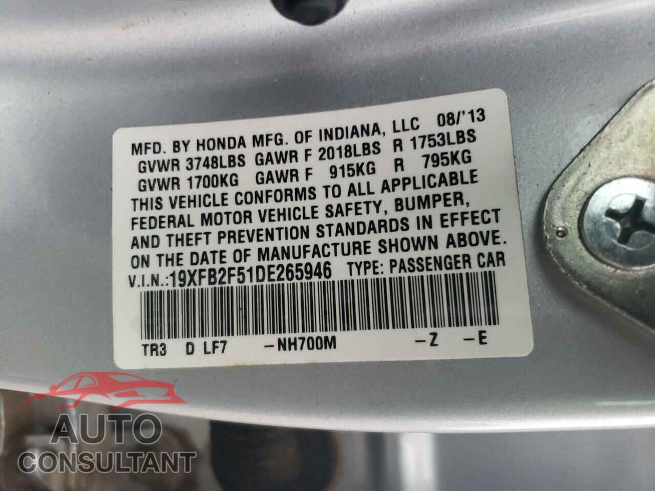 HONDA CIVIC 2013 - 19XFB2F51DE265946
