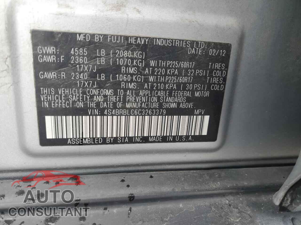 SUBARU OUTBACK 2012 - 4S4BRBLC6C3263379