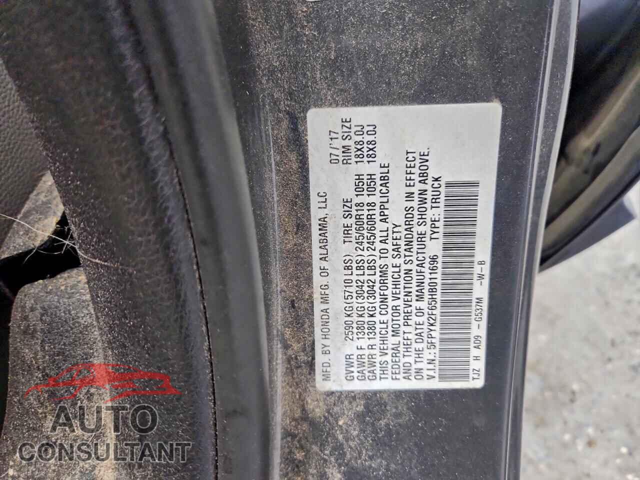 HONDA RIDGELINE 2017 - 5FPYK2F65HB011696
