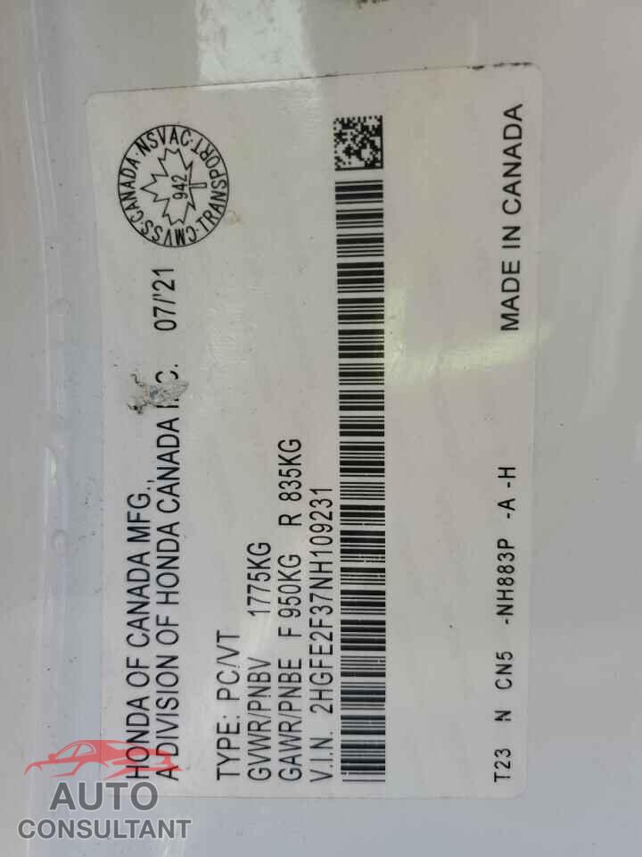 HONDA CIVIC 2022 - 2HGFE2F37NH109231