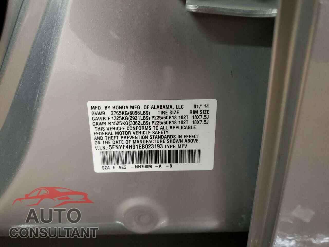 HONDA PILOT 2014 - 5FNYF4H91EB023193