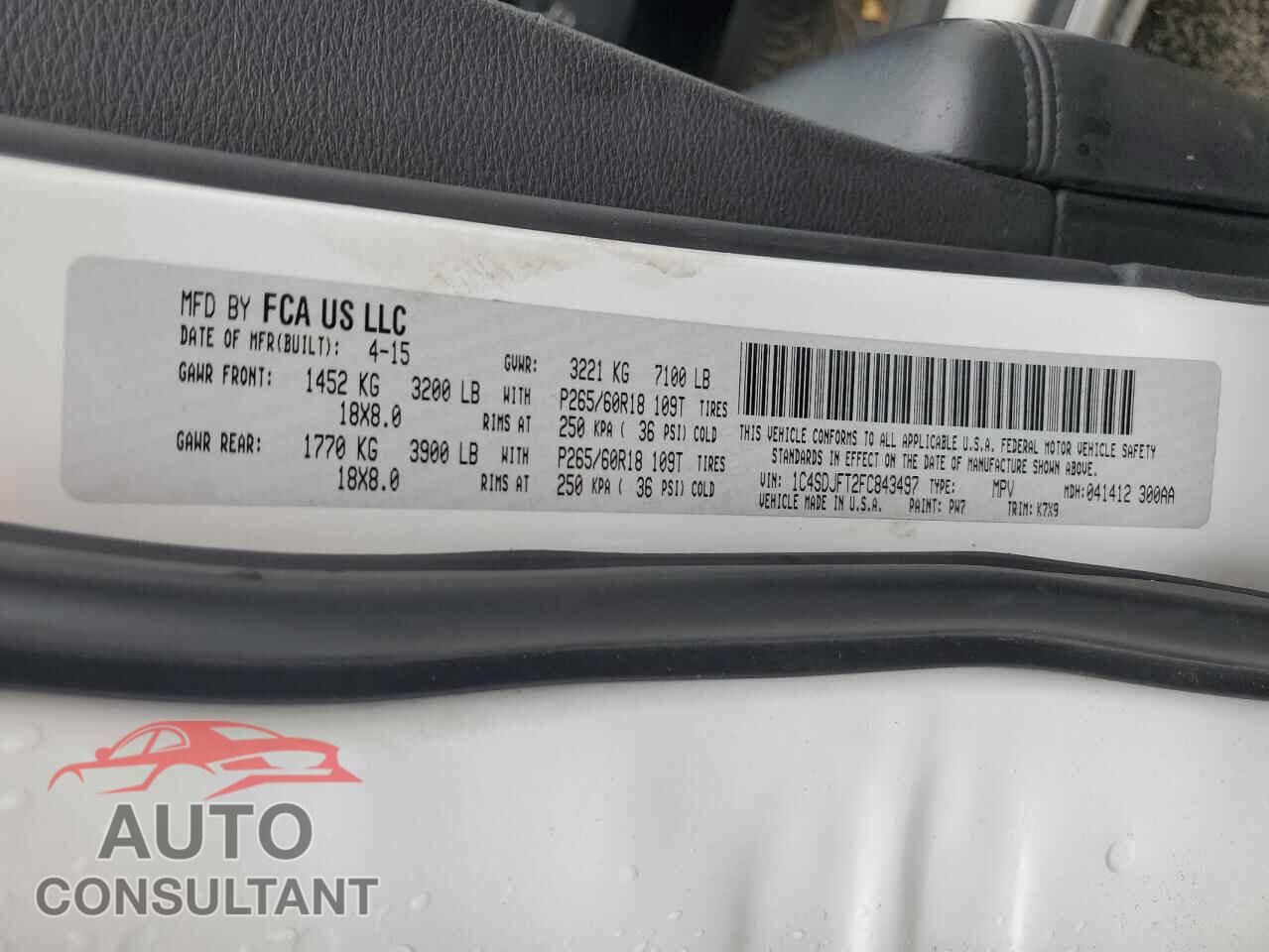DODGE DURANGO 2015 - 1C4SDJFT2FC843497