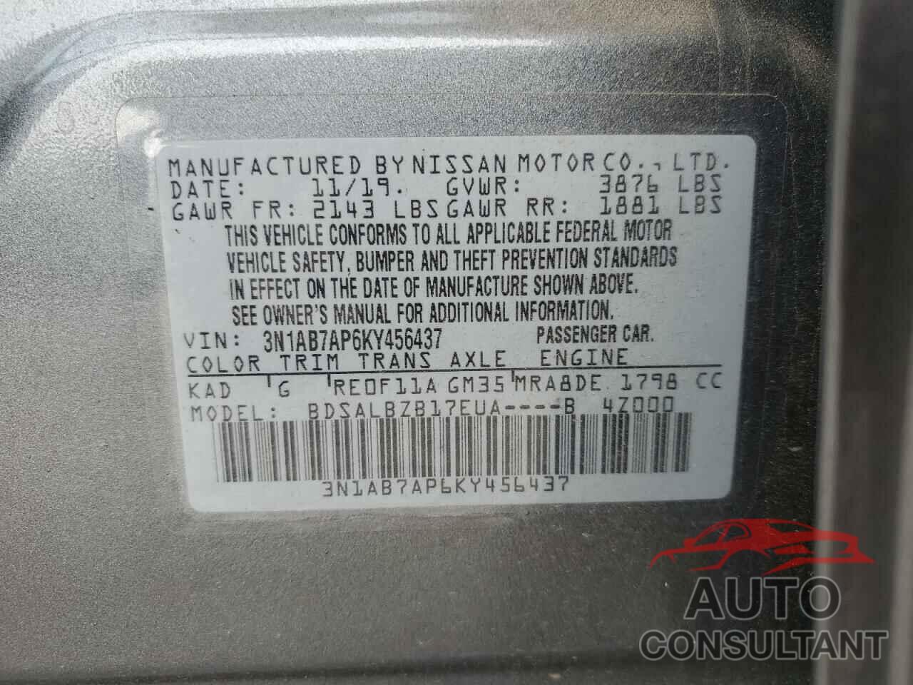 NISSAN SENTRA 2019 - 3N1AB7AP6KY456437