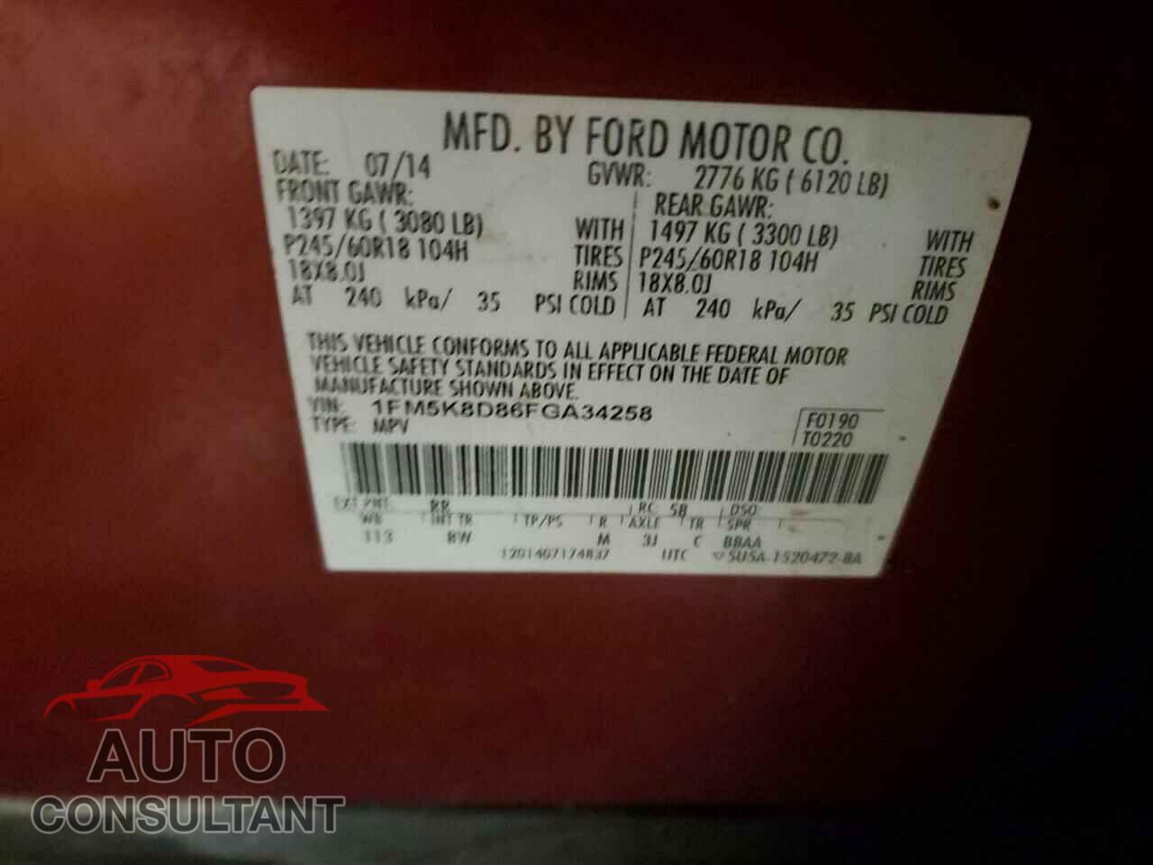 FORD EXPLORER 2015 - 1FM5K8D86FGA34258