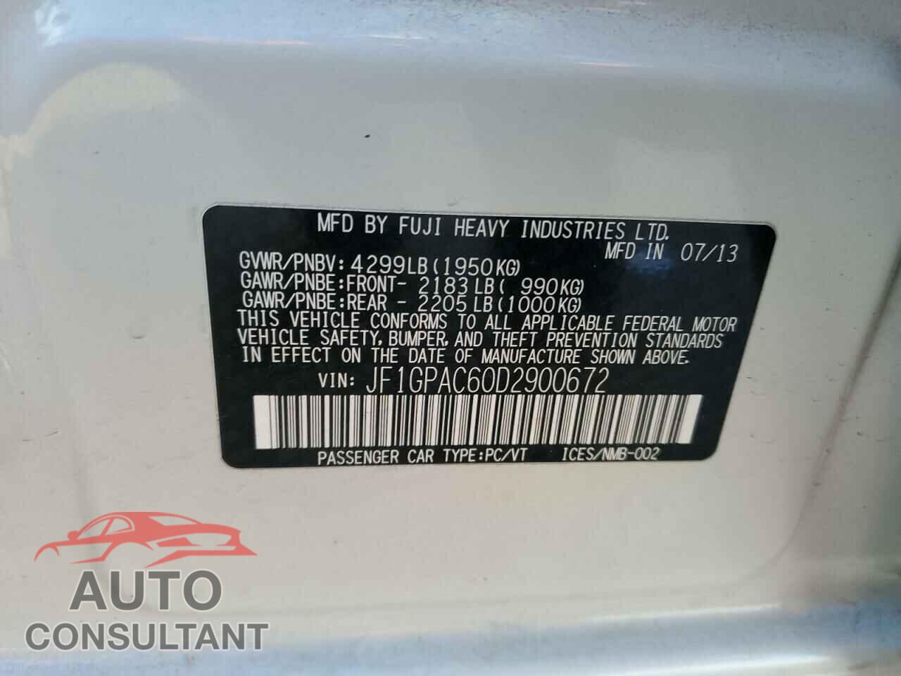 SUBARU IMPREZA 2013 - JF1GPAC60D2900672