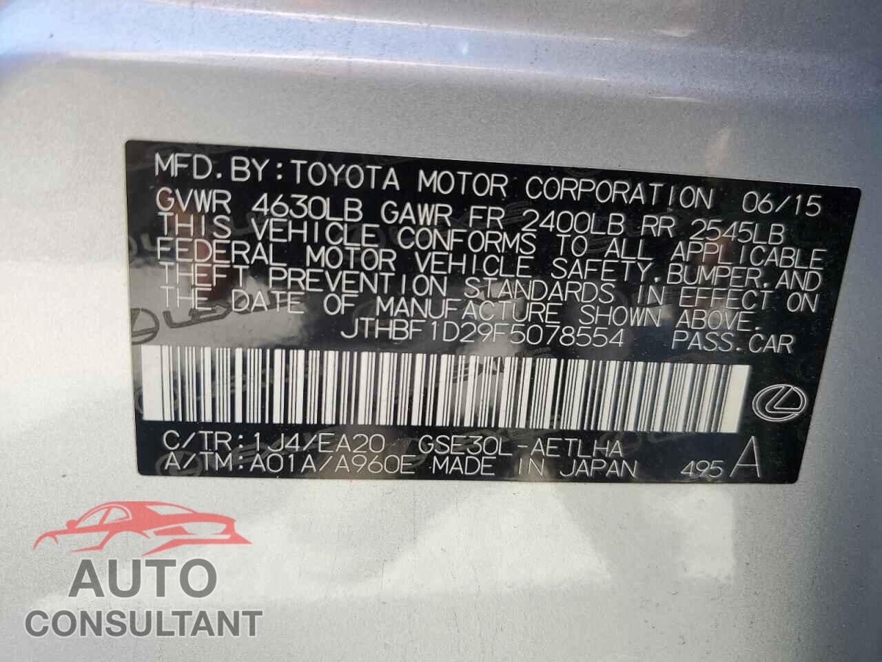 LEXUS IS 2015 - JTHBF1D29F5078554