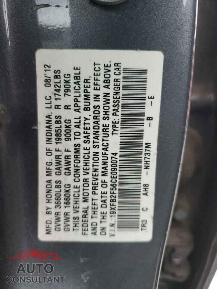HONDA CIVIC 2012 - 19XFB2F56CE090074