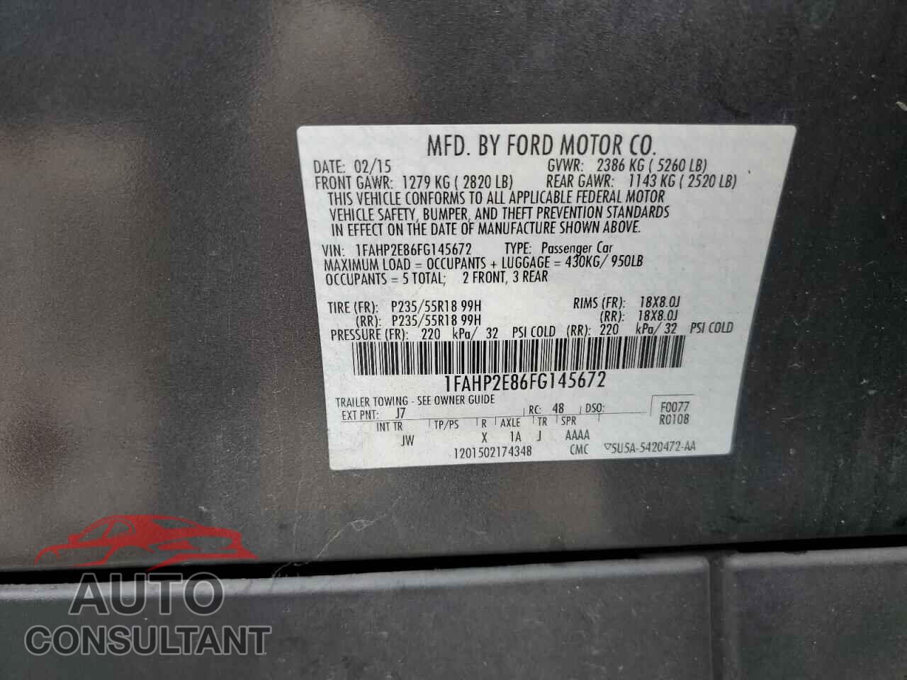 FORD TAURUS 2015 - 1FAHP2E86FG145672