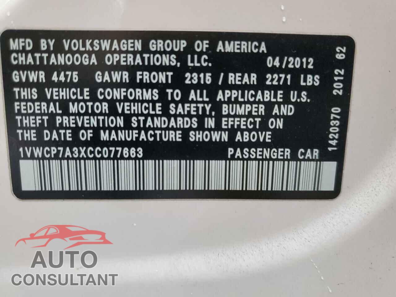 VOLKSWAGEN PASSAT 2012 - 1VWCP7A3XCC077663