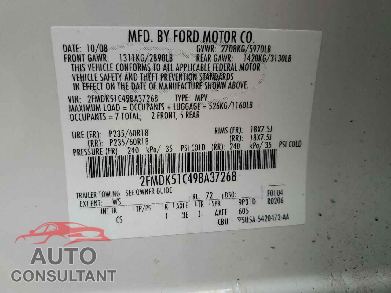 FORD FLEX 2009 - 2FMDK51C49BA37268