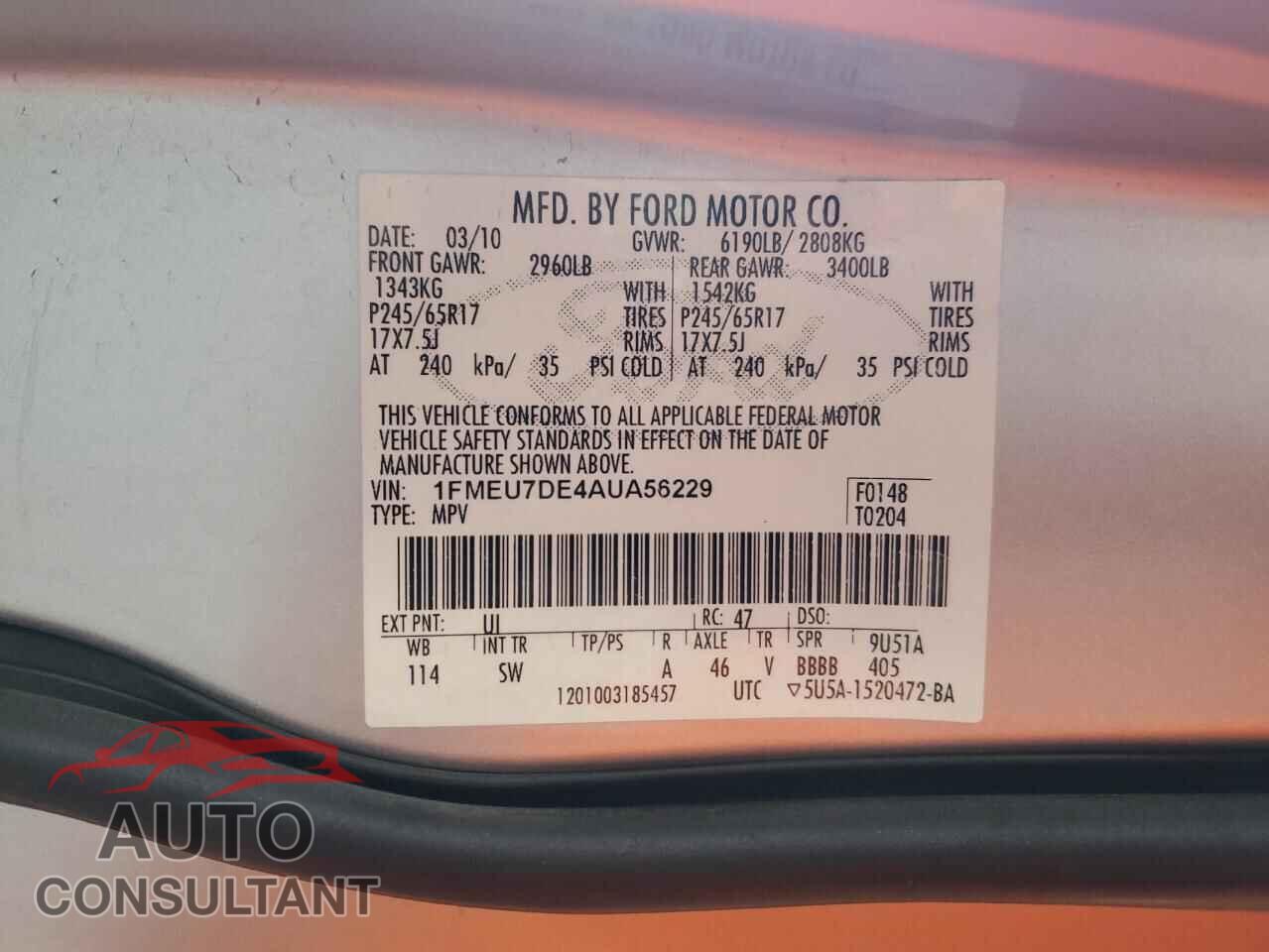 FORD EXPLORER 2010 - 1FMEU7DE4AUA56229