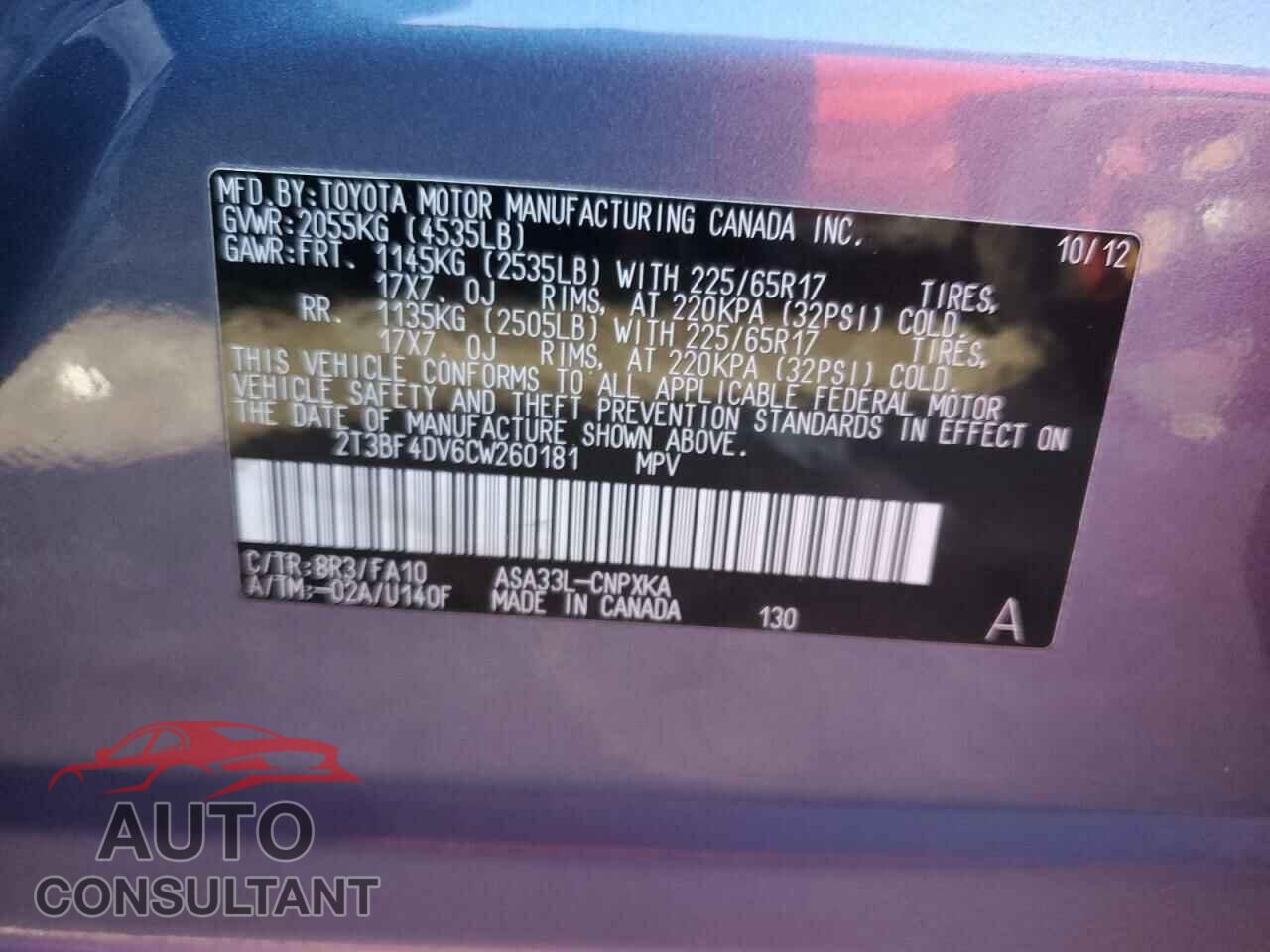 TOYOTA RAV4 2012 - 2T3BF4DV6CW260181