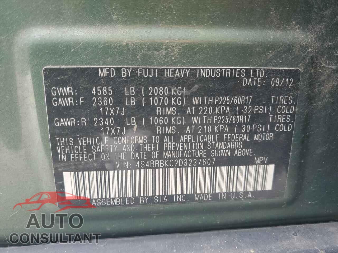 SUBARU OUTBACK 2013 - 4S4BRBKC2D3237607