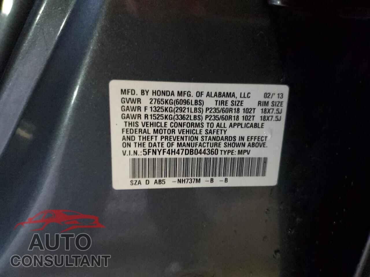 HONDA PILOT 2013 - 5FNYF4H47DB044360