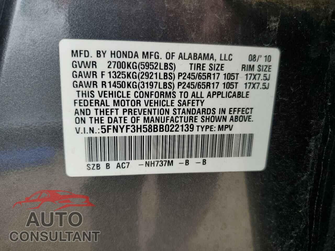 HONDA PILOT 2011 - 5FNYF3H58BB022139