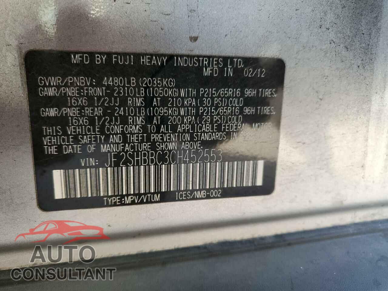 SUBARU FORESTER 2012 - JF2SHBBC3CH452553