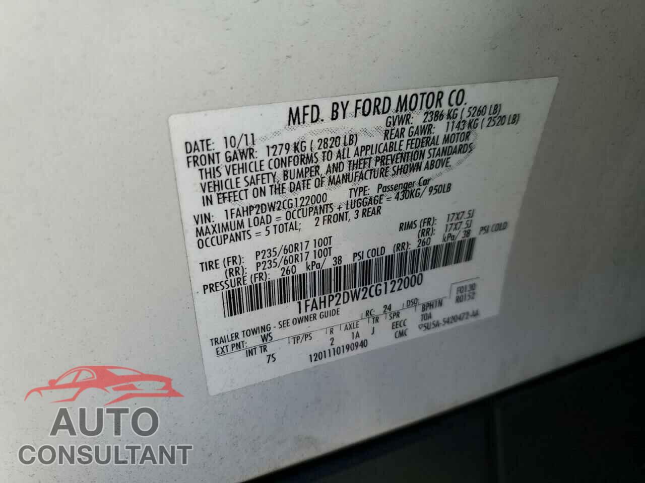 FORD TAURUS 2012 - 1FAHP2DW2CG122000