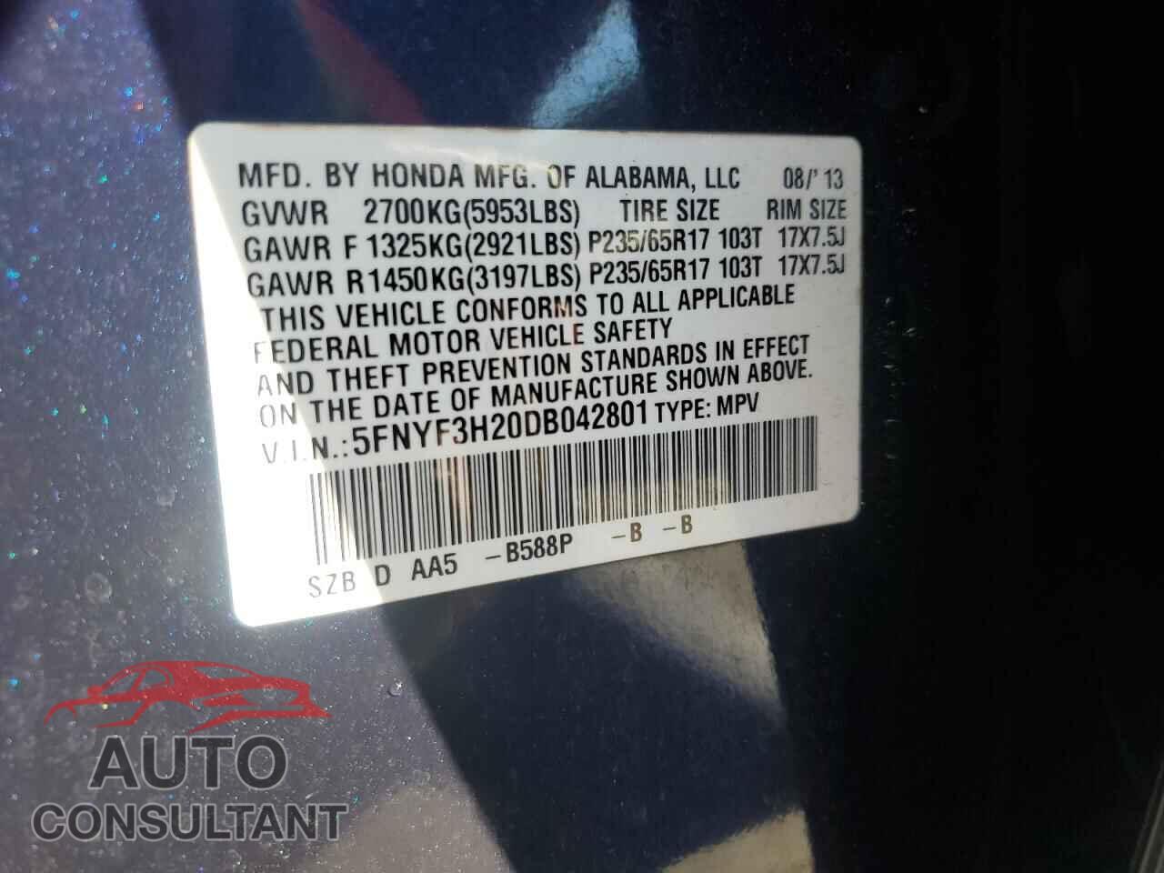HONDA PILOT 2013 - 5FNYF3H20DB042801