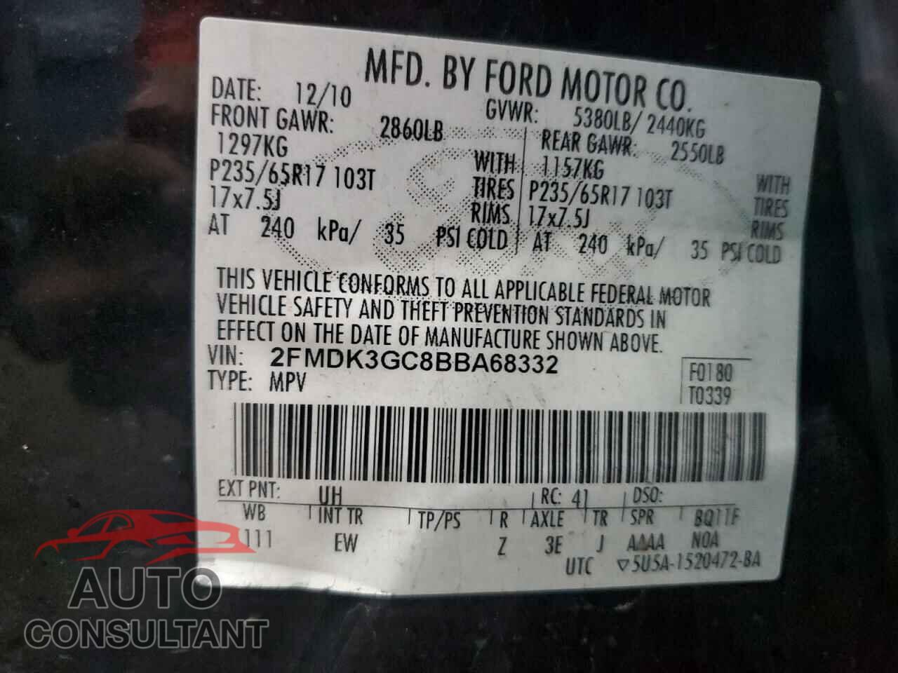 FORD EDGE 2011 - 2FMDK3GC8BBA68332