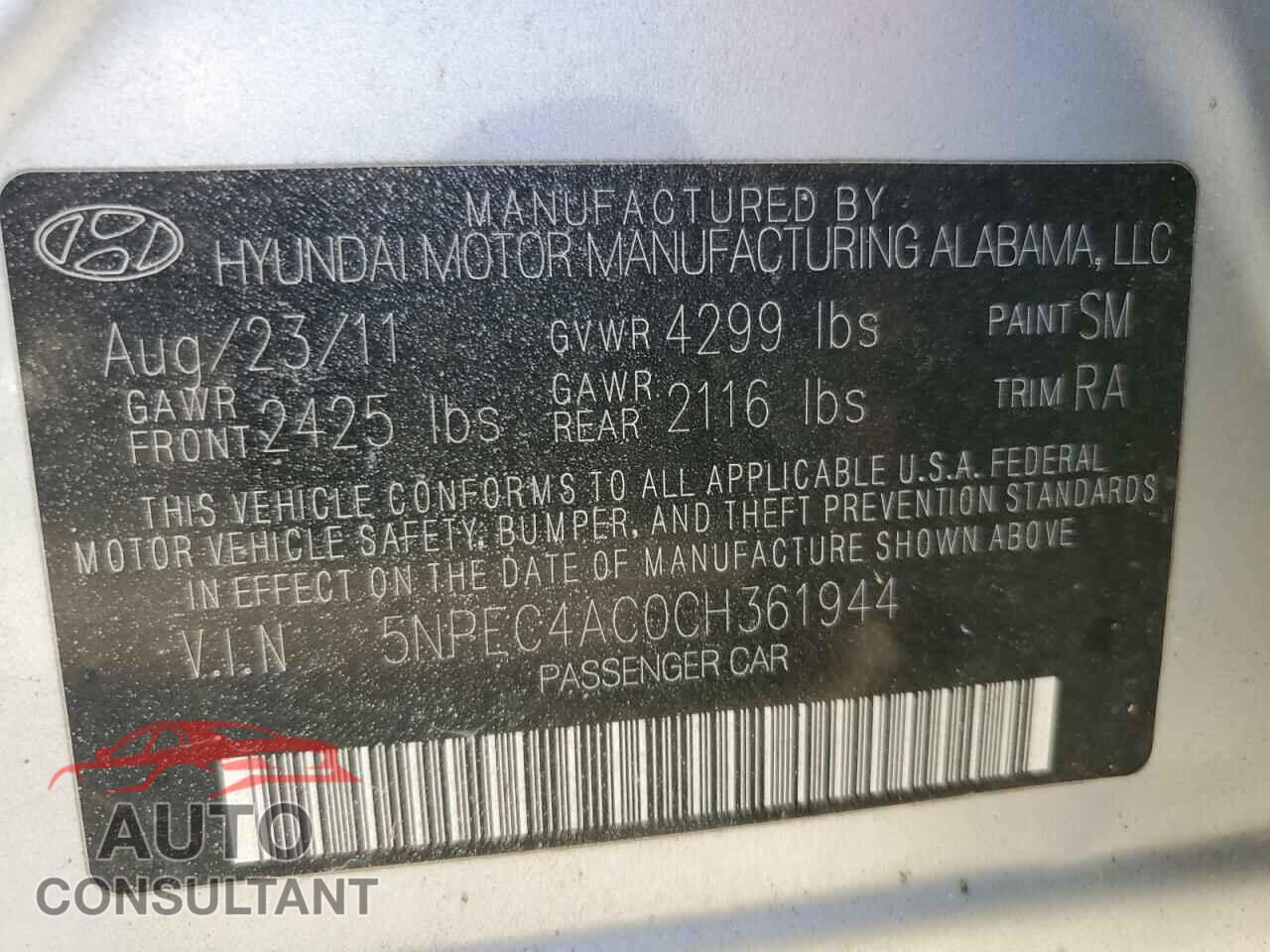 HYUNDAI SONATA 2012 - 5NPEC4AC0CH361944