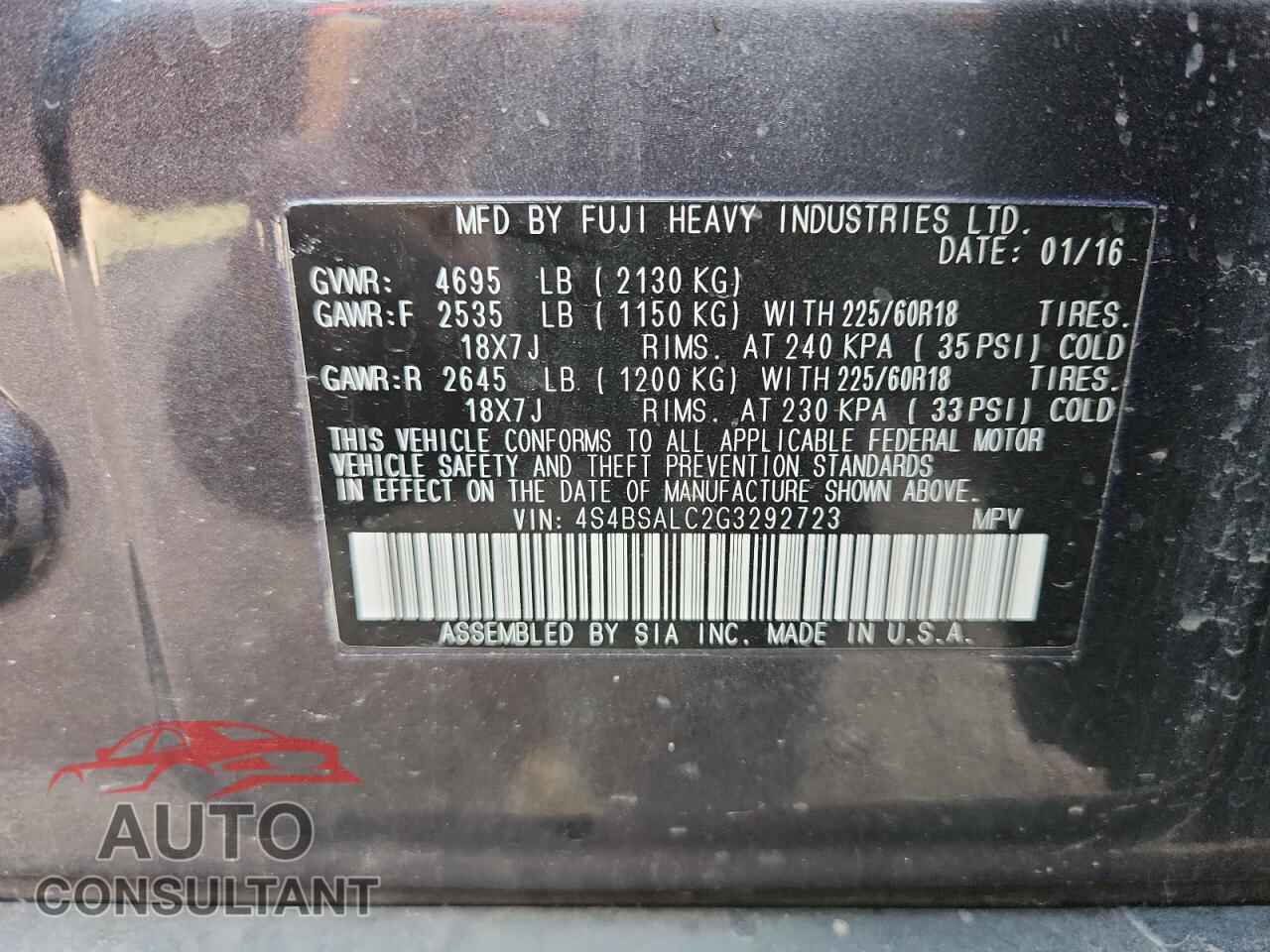 SUBARU OUTBACK 2016 - 4S4BSALC2G3292723