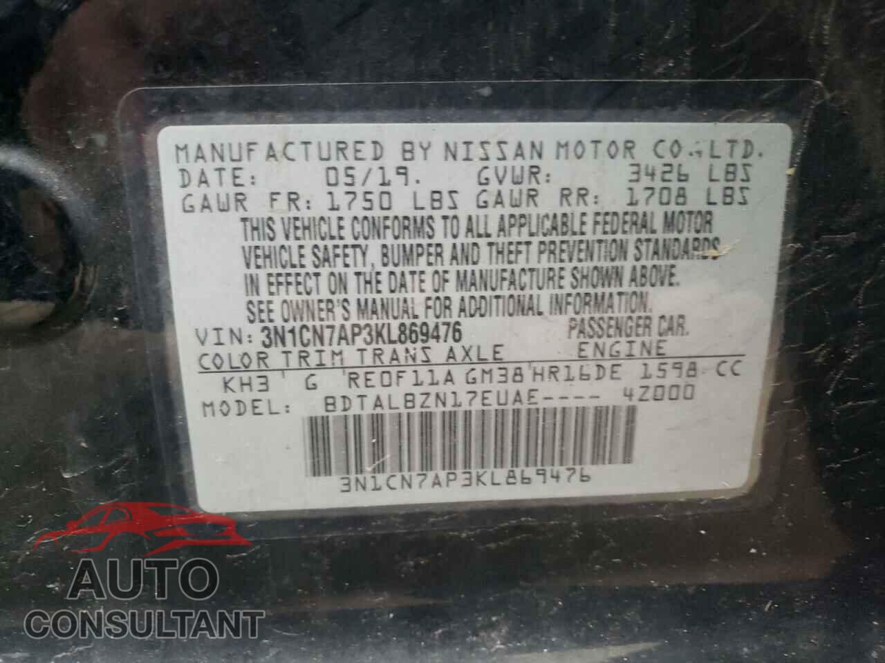 NISSAN VERSA 2019 - 3N1CN7AP3KL869476