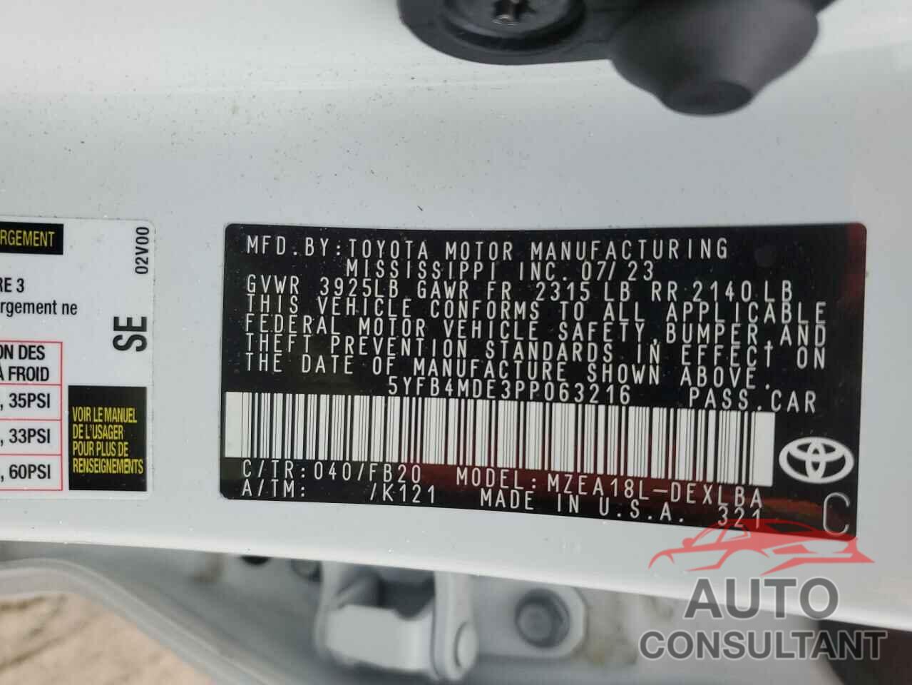 TOYOTA COROLLA 2023 - 5YFB4MDE3PP063216